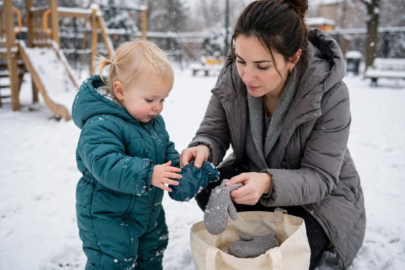 A toddler swaps wet mittens for dry spares from mother's bag outdoors.
