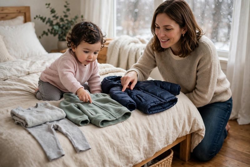 Winter layers laid left to right on a bed beside a smiling toddler
