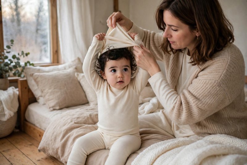 Mother gently pulling a thermal base-layer top over a toddler