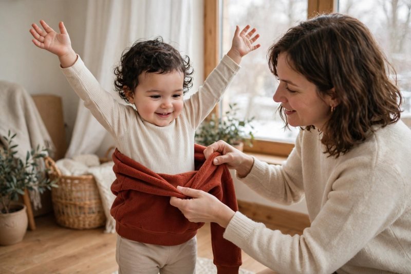 Toddler raising arms as mother slips on a cozy fleece sweater