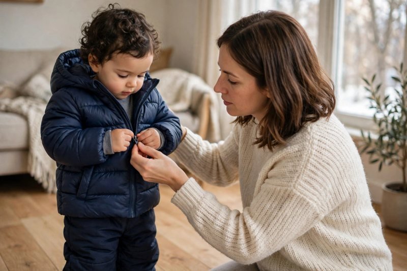 Mother zipping a puffy winter coat on a toddler in snow pants