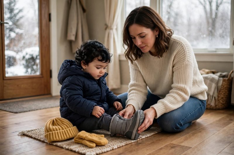 Toddler sitting on a rug while mother helps pull on snow boots