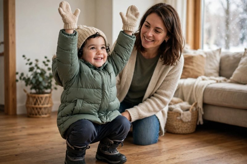 Bundled-up toddler squatting and wiggling during a movement comfort test
