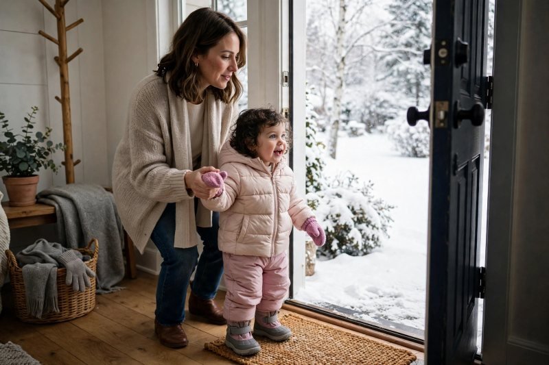 Mother holding toddler's mittened hand at the front door ready to go out