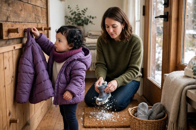 Toddler hanging a winter coat on a low hook while mother shakes off snow boots