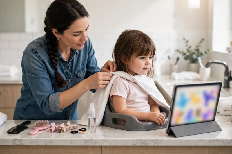 A mother fastens a towel cape; a tablet plays blurred colors beside tools.
