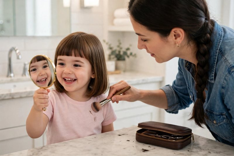 A girl beams into a hand mirror while mother sweeps away clippings.