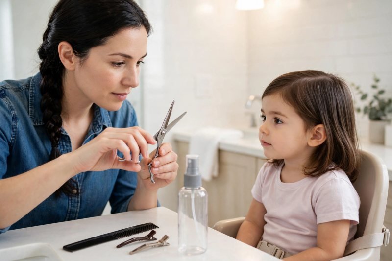 A mother tests slim hair shears beside a comb, clips, spray bottle.
