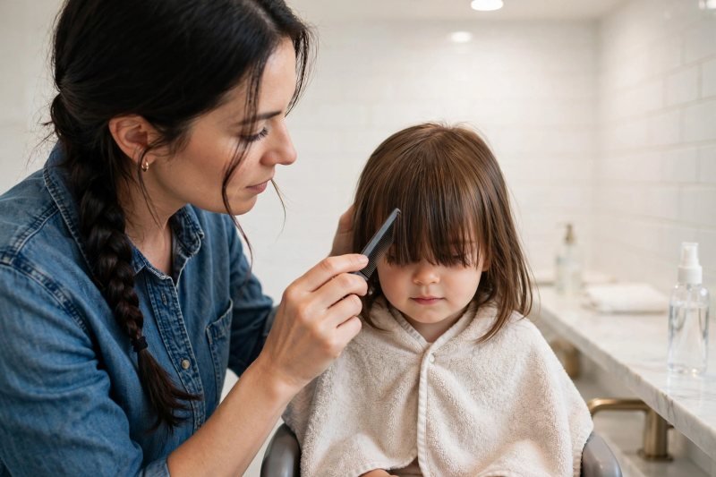 A mother combs her daughter's dry fringe straight down over her eyes.