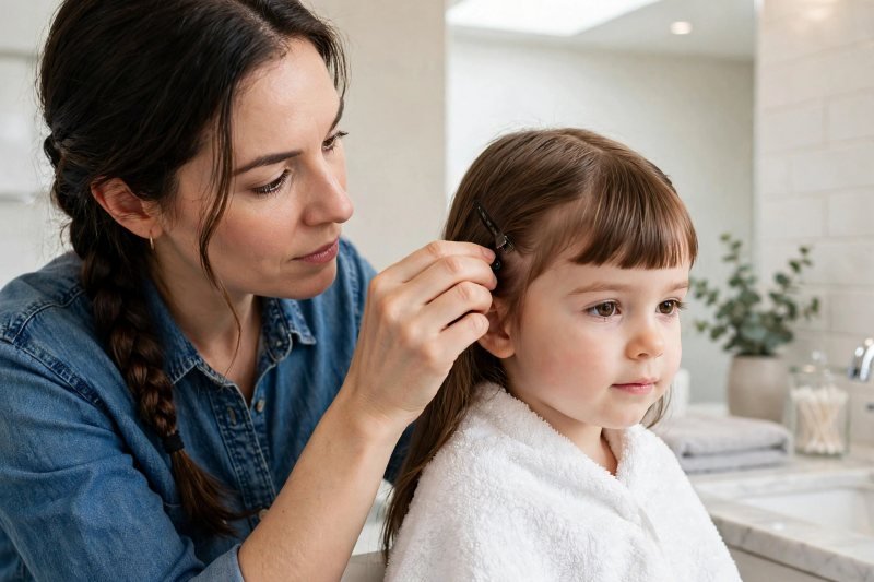 A mother clips side hair back, isolating the fringe triangle for trimming.