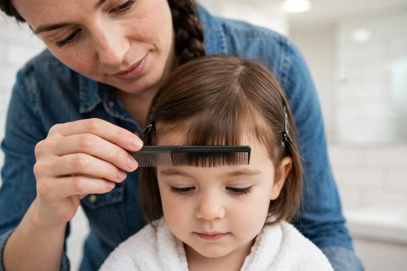 A comb held at eyebrow level marks the fringe's target length line.