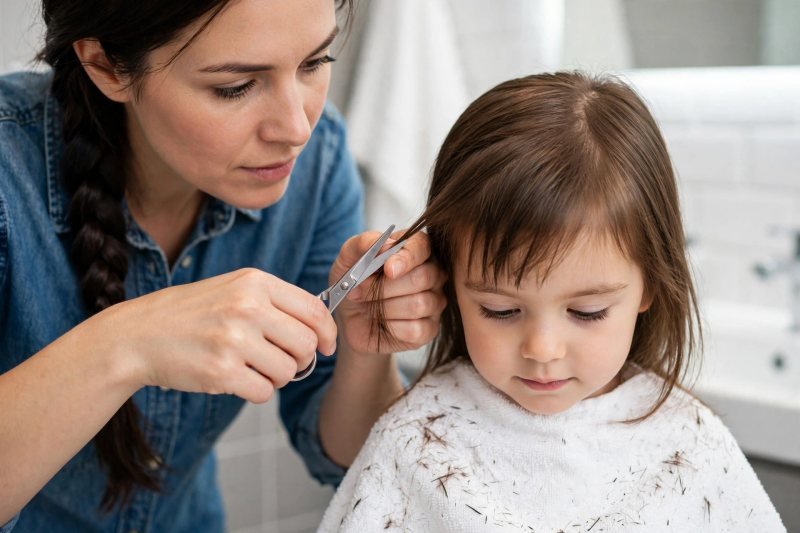 Shears snip below a mother's fingers through one small fringe section.