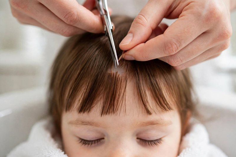 Vertical shears point-cut tiny notches into the ends of a fringe.
