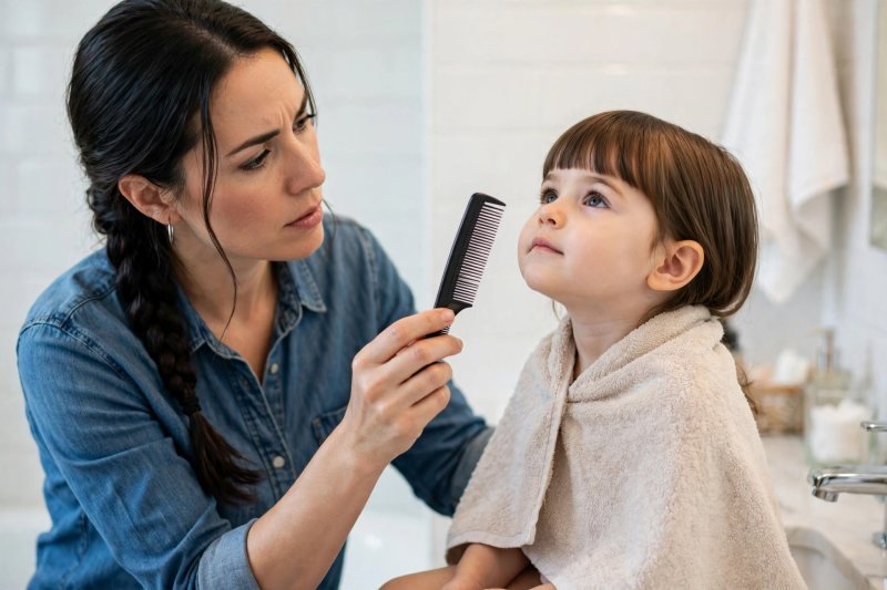 A mother leans back comparing both sides of her daughter's finished fringe.