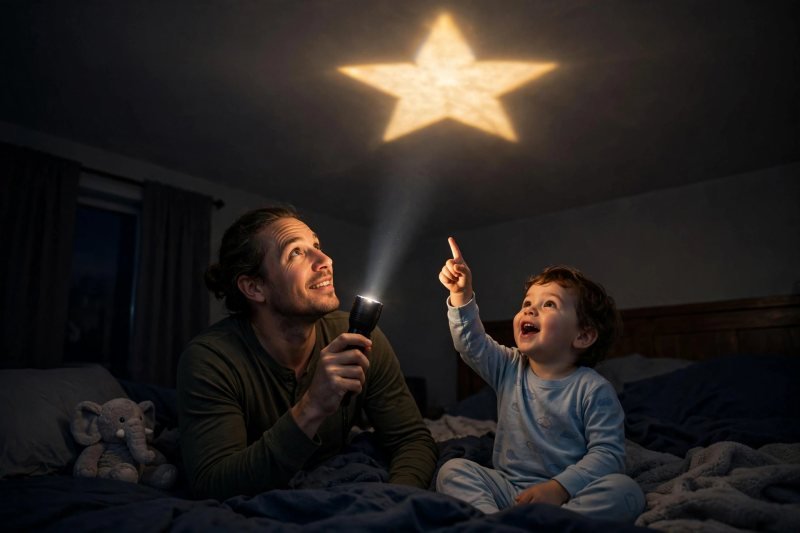 Toddler pointing at a flashlight star glowing on a dark ceiling