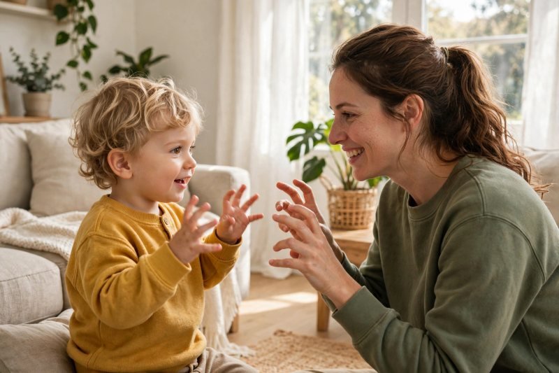 Toddler copying twinkle fingers while a smiling parent sings along