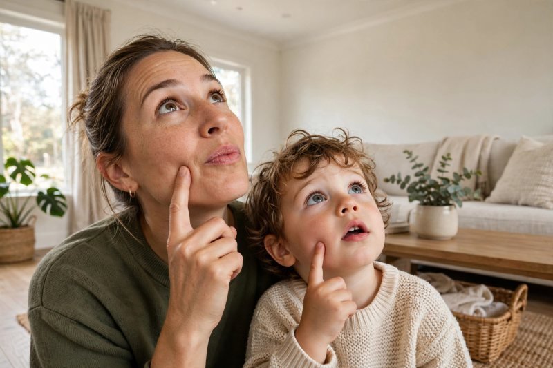 Parent and toddler making curious wondering faces looking up together