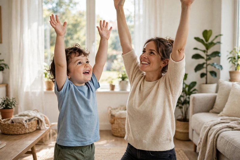 Toddler and parent stretching arms high like reaching the sky