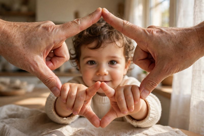 Hands forming a finger diamond while a toddler peeks through it