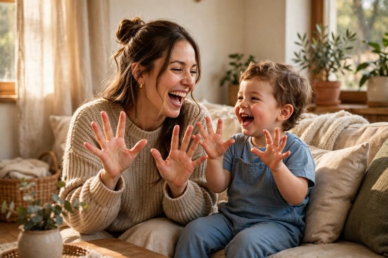 Parent and toddler doing twinkle fingers together while laughing