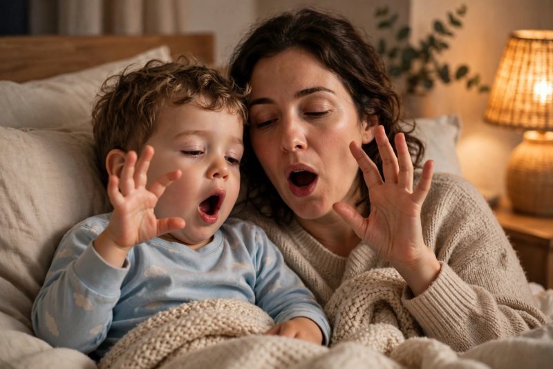 Sleepy parent and toddler yawning with droopy twinkle fingers at bedtime
