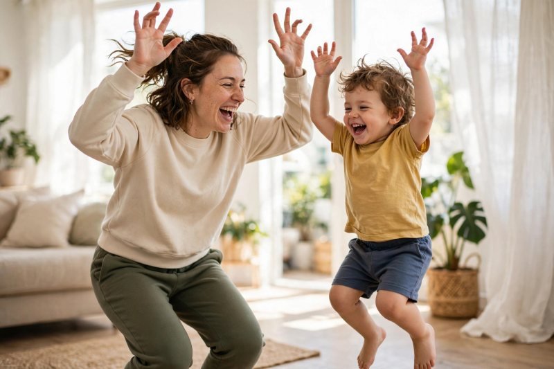 Parent and toddler bouncing with wild twinkle fingers in a bright room