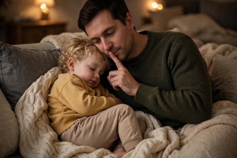 Parent and toddler cuddling quietly with a gentle shhh bedtime gesture