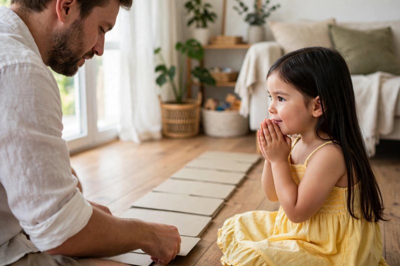 Father laying letter cards in a row while daughter watches eagerly