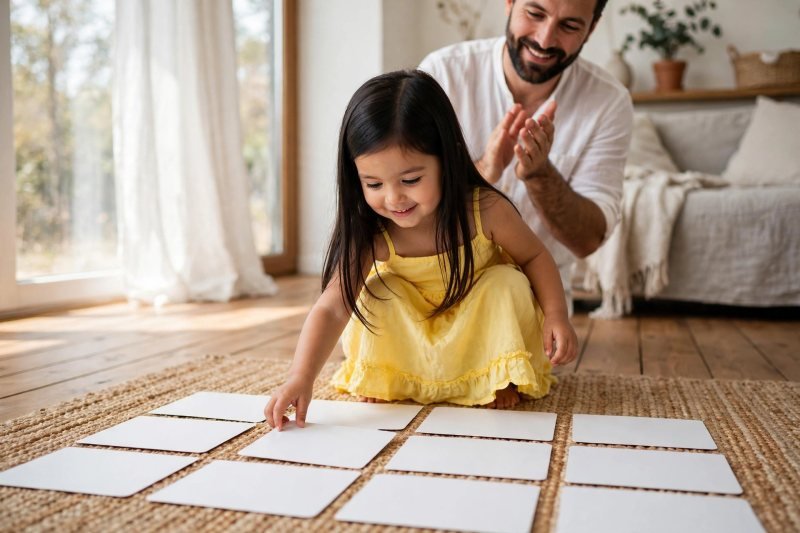 Girl arranging a full grid of letter cards while father applauds
