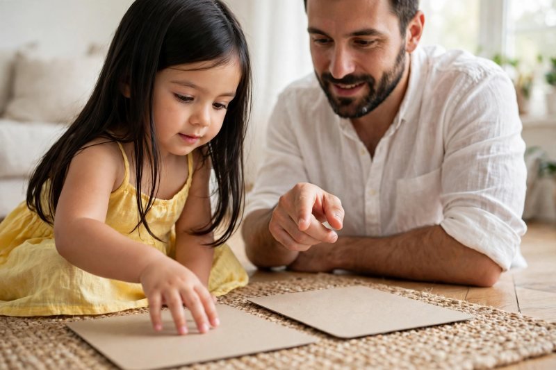 Girl placing a letter card beside its partner on the rug