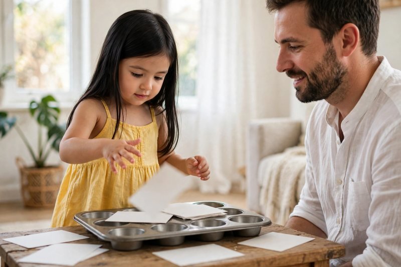 Girl sorting letter cards into muffin tin cups at low table