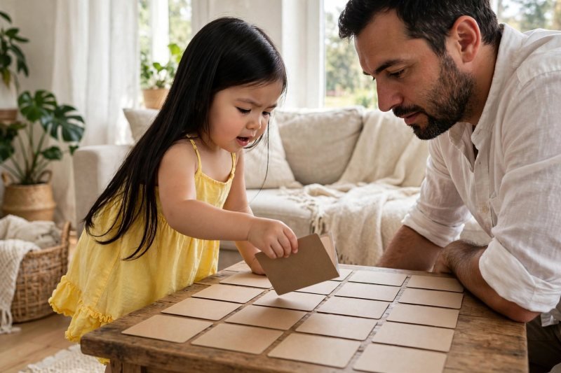 Girl flipping a face-down card during a memory game with father