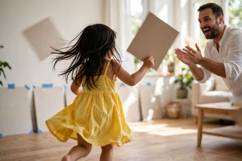 Girl running across room carrying a letter card toward wall cards