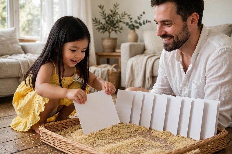 Girl digging letter cards from rice tray with both hands