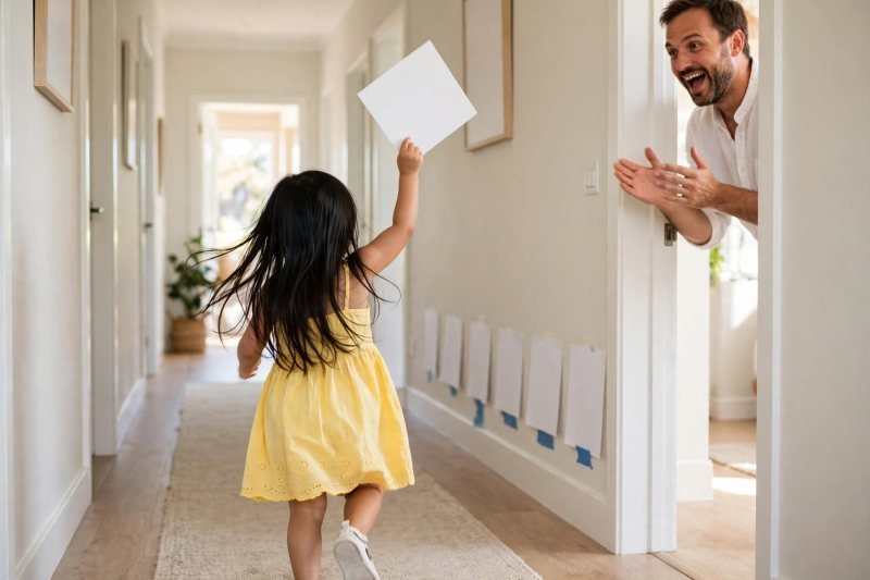 Girl sprinting down hallway with letter card in relay race