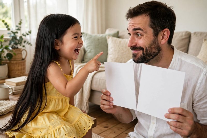 Laughing girl correcting father's mismatched cards in playful game