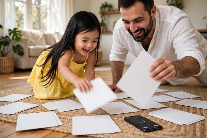 Father and daughter racing to match letter card pairs before timer