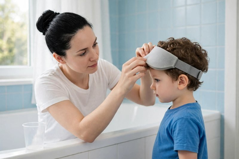 A mother fits a foam bath visor onto her young son's head carefully.