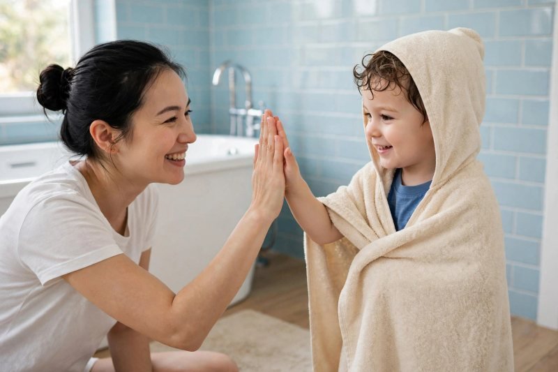 A towel-wrapped toddler high-fives his smiling mother after a happy hair wash.