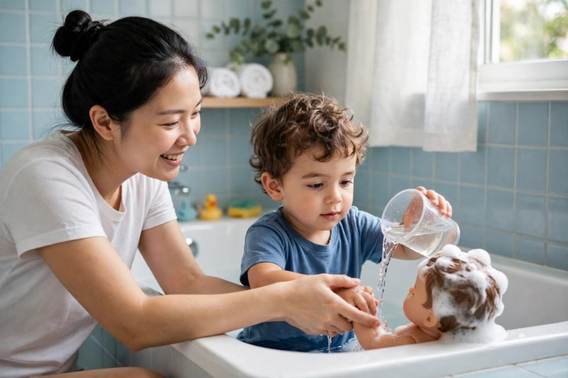 A toddler pours water over a doll's foamy hair during bath role play.