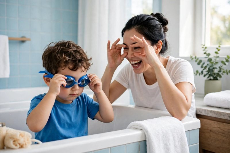 A toddler pulls blue swim goggles over his eyes while his mother laughs.