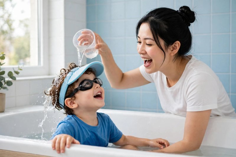 A singing mother pours rinse water over her goggled toddler's hair in tub.