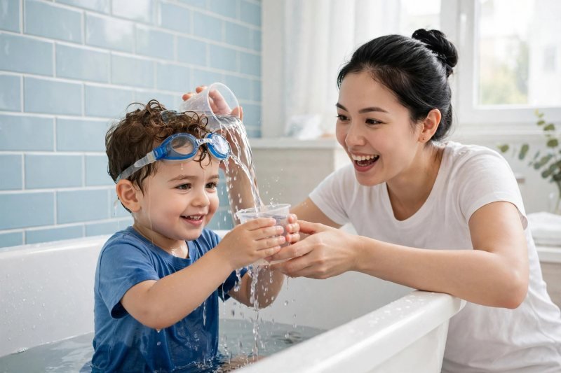 A toddler pours water over his own hair while his mother helps him.