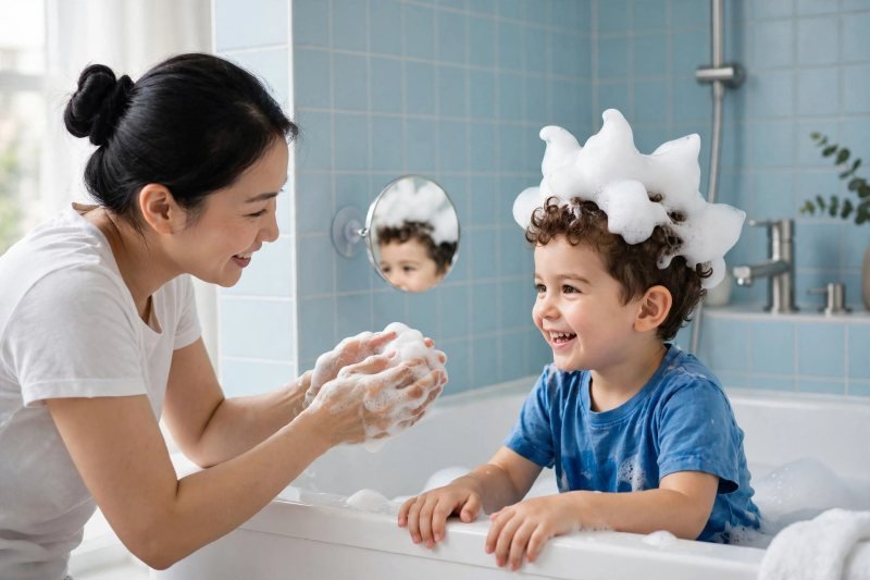 A toddler grins at his foam crown in a small round bath mirror.