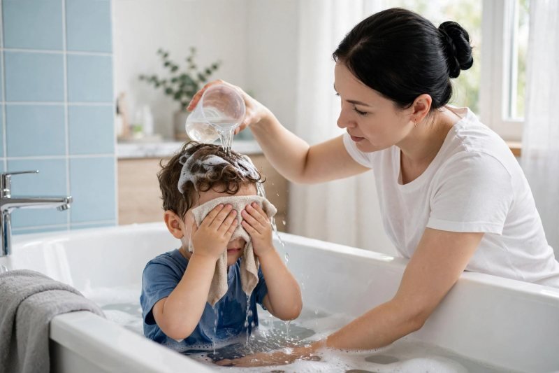 A toddler holds a washcloth over his eyes while his mother rinses hair.