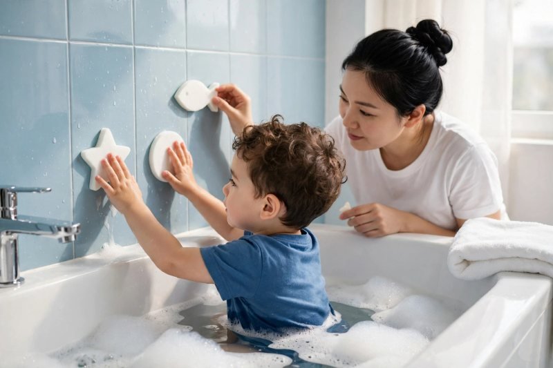 A toddler presses foam star and circle shapes onto wet bathroom wall tiles.
