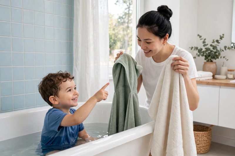 A mother holds up two towels while her toddler points choosing one happily.