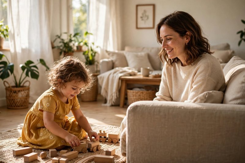 Mom quietly watching her three-year-old play with wooden trains on a sunny rug