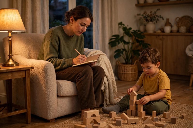 Parent journaling milestone notes while her three-year-old builds block towers nearby