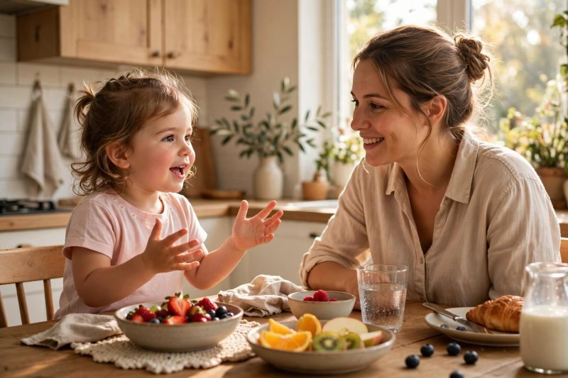 Chatty three-year-old telling her mom stories over breakfast at a sunny kitchen table